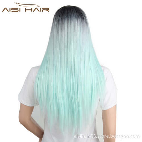 Aisi Hair Cosplay Long Straight Synthetic Wigs For Black Women Top Quality Ombre Green Color Wig Heat Resistant Fiber